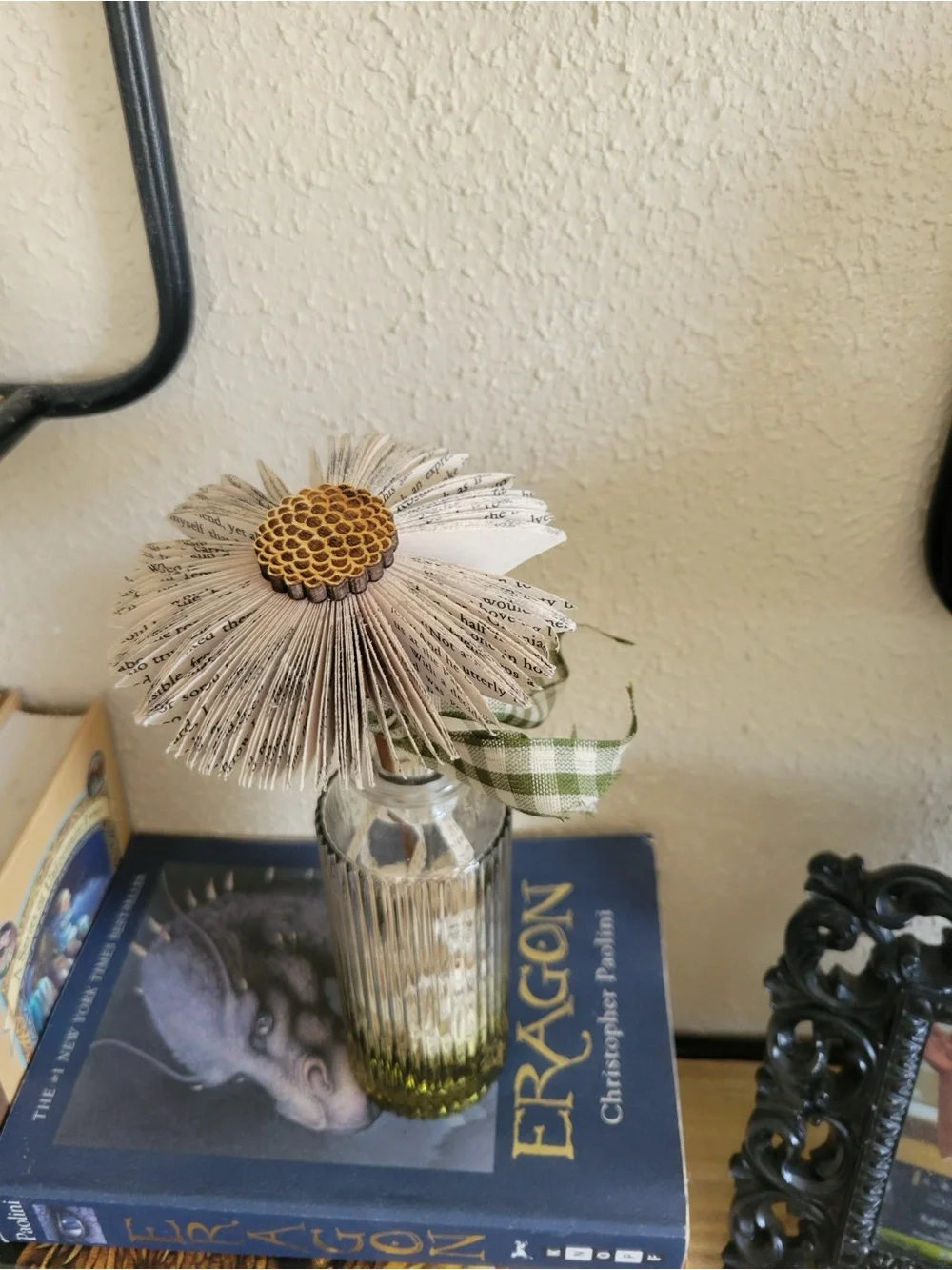 Handmade Paper Flower with beautiful ribbed vase and Green Gingham Bow
